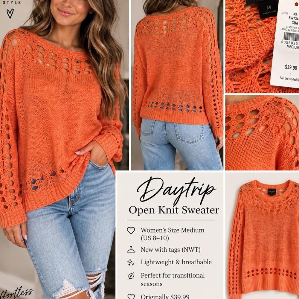 🍊 NWT Daytrip Orange Open-Knit Sweater Daytrip